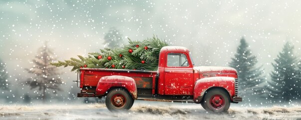 Vintage red truck carrying a Christmas tree in snow. Free copy space for banner.