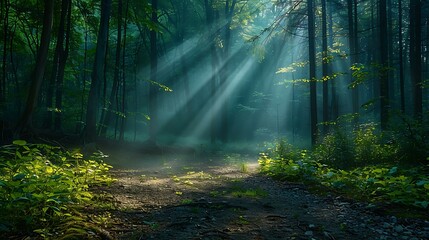 Obraz premium A peaceful forest with sunlight filtering through the trees