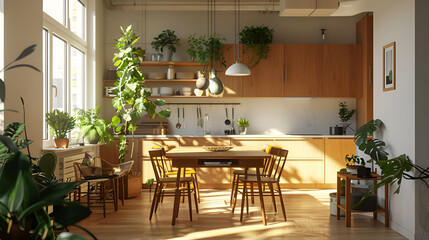 kitchen interior design with wooden table and chairs  ,wooden table and armchair ,Interior of modern dining room with white walls, concrete floor, long wooden table with brown chairs and window