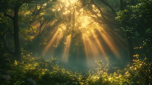 A peaceful forest with sunlight filtering through the trees