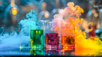 Colorful Chemical Reactions in Laboratory Beakers with Vibrant Smoke Effects and Blurred Background