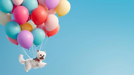 Cartoon Maltese Dog Floating with Colorful Balloons in Sky