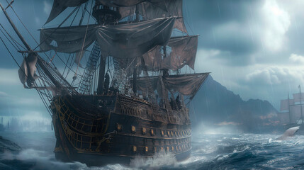 A beautiful frigate sailing on the waves