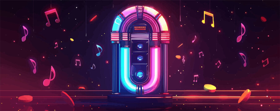 Retro jukebox with glowing lights and music notes. Vector flat minimalistic isolated