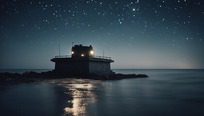 A coastal defense battery during a clear night, with the moonlight reflecting off the calm ocean
