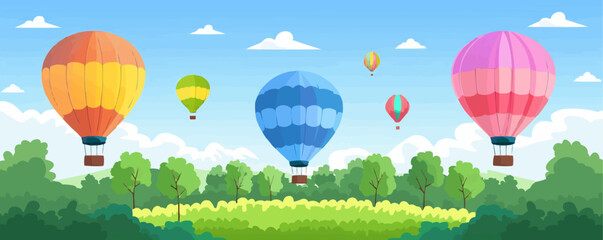 Fototapeta premium Colorful hot air balloons floating above a field. Vector flat minimalistic isolated illustration.