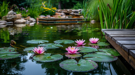 A tranquil pond with water lilies and a wooden dock in a peaceful setting.
