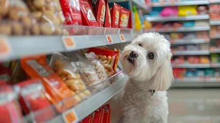 Curious Maltese Dog Sniffing Assorted Treats in Pet Store