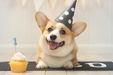 Cute dog wearing birthday hat and festive cupcake