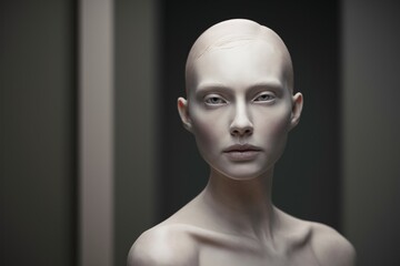 Intriguing Gaze: A powerful portrait of a woman with a shaved head and pale skin, her intense gaze captivating the viewer in a minimalist and dramatic setting.