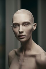 Intriguing Gaze: A captivating portrait of a woman with shaved head, her piercing gaze and ethereal beauty evoke a sense of mystery and intrigue. Her pale skin and stark contrast against the dark back