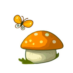 vector color drawing of an orange fly agaric and a yellow butterfly