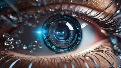 close up of a female eye, ai technology concept background,  iris recognition technology, ai generated