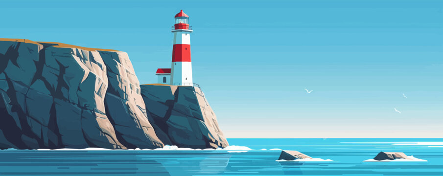 Coastal lighthouse overlooking rocky cliffs Vector flat minimalistic isolated illustration
