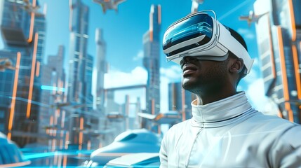 African American male using virtual reality headset in futuristic cityscape. Concept of VR technology, digital future, immersive experience, virtual environment. Copy space