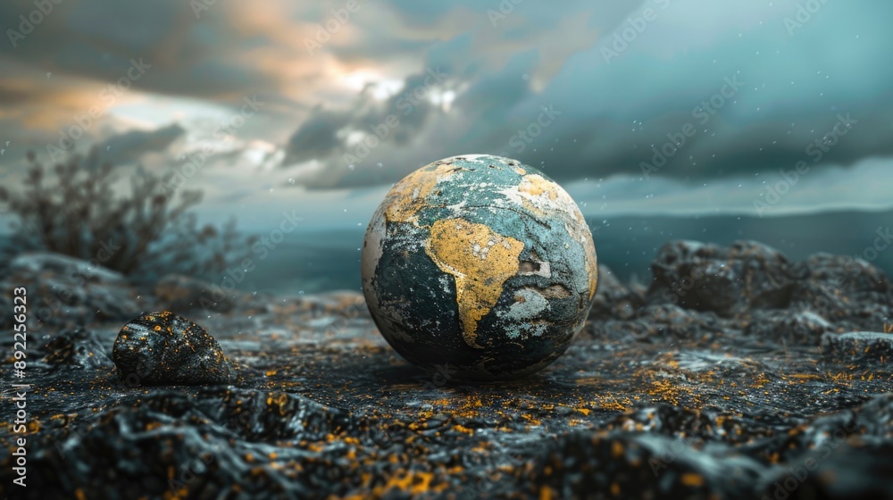 Poster a globe sits atop a rocky field with a scenic landscape in the background