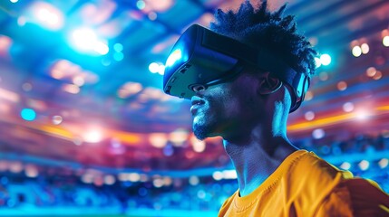 African American male in a stadium wearing a virtual reality headset. Concept of VR technology, immersive gaming, digital sports, futuristic experience. Copy space