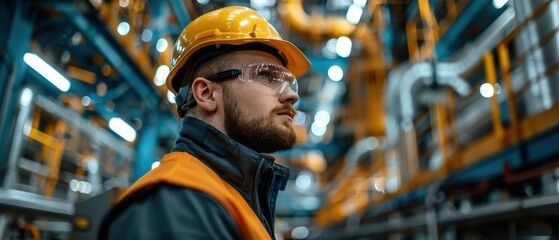 Detailed Inspection by Engineer in Helmet of High-Tech Machinery in Industrial Plant