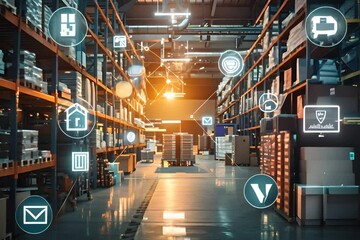 A modern warehouse illuminated by warm lighting showcases advanced smart technology integration, featuring holographic icons - Powered by Adobe