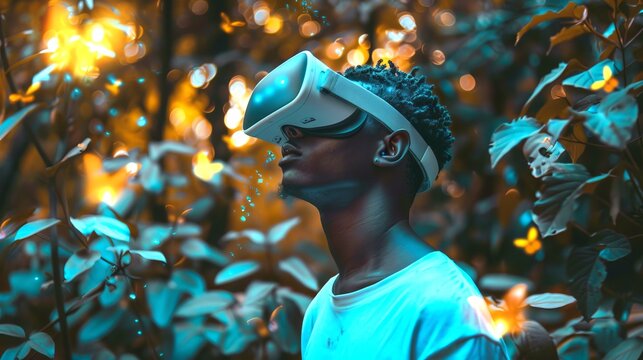 African American male wearing virtual reality headset in lush tropical forest, beautiful nature. Concept of technology, immersive experience, digital innovation. Copy space - Powered by Adobe