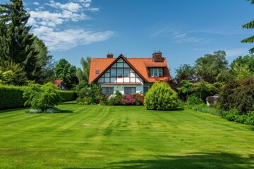 Fototapeta premium Idyllic German Home: Bright Facade with Lush Green Grass in Perfect Weather