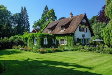 Obraz premium Idyllic German Home: Bright Facade with Lush Green Grass in Perfect Weather