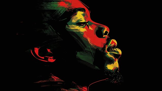 Vibrant Profile Illustration of African-American Face in Red, Yellow, and Green Hues on Black Background - Reggae Colors, Rastafarian Art