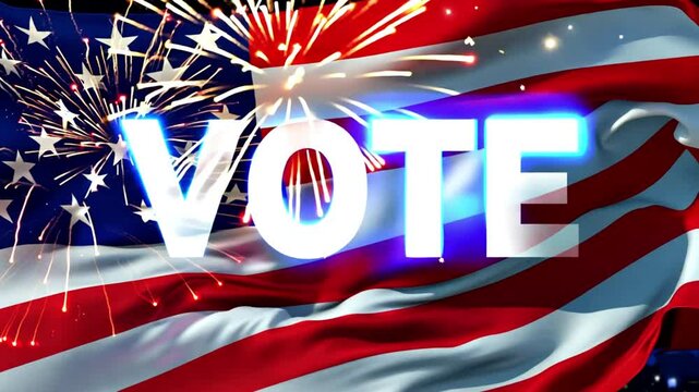 Vote text and USA flag on white background with fireworks exploding. stars and American flag color red and blue on white background. USA presidential election banner 4k video 2024