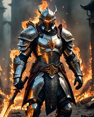 Fototapeta premium A fierce warrior in full plate armor stands amidst a blazing inferno, his sword aflame.