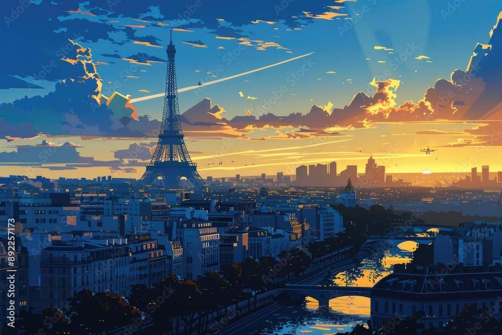 Poster aerial view of eiffel tower from rooftop perspective, ideal for urban or cityscape-themed projects