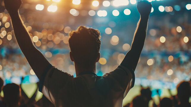 Cheering crowd at a soccer stadium with fans raising their hands up