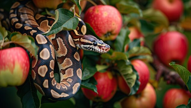 A ball python coils around an apple tree reaching for the ripe apples