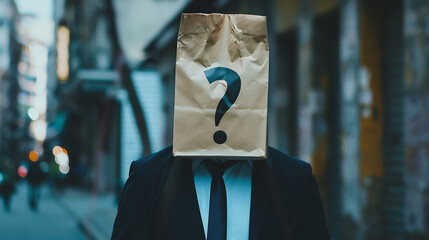Businessman with a paper bag on his head with a question mark