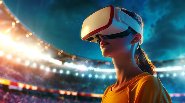 Caucasian woman using virtual reality headset in a stadium. Concept of VR technology, immersive experience, sports entertainment