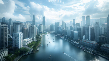 A modern cityscape with skyscrapers and a river running through the middle.