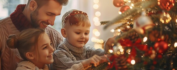 A family decorating a Christmas tree together, showcasing holiday joy and tradition