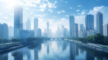 Obraz premium A modern cityscape with skyscrapers and a river running through the middle.