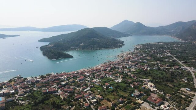 Amazing Aerial panoramic view of Nidri Bay at Lefkada Island, Ionian Islands, Greece