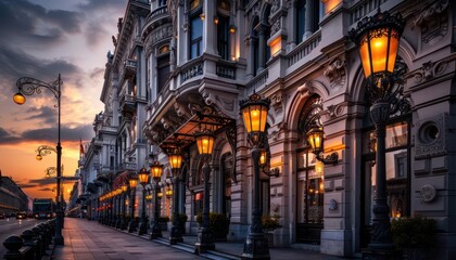 Fototapeta premium Architectural marvels, the blend of historical and modern structures under soft evening light