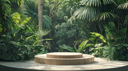 Obraz premium A wooden platform in a jungle setting with a large tree in the background