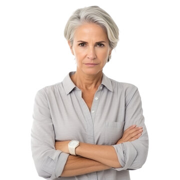 Mature Woman with Crossed Arms Displaying Confidence Isolated Without Background.