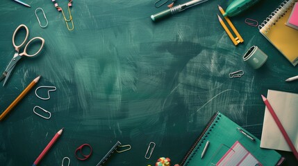 School supplies on green chalkboard Top view