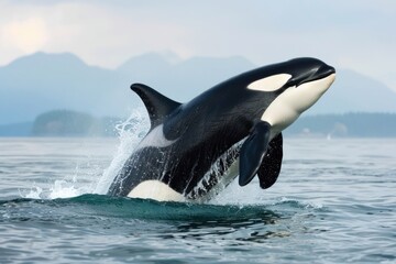 Fototapeta premium Orca Killerwhale jumps out of the water traveling on ocean water