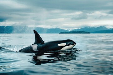 Fototapeta premium Orca Killerwhale jumps out of the water traveling on ocean water