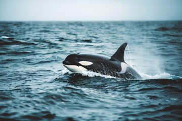 Fototapeta premium Orca Killerwhale jumps out of the water traveling on ocean water