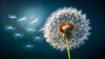 Obraz premium dandelion with seed floating away, against a Solid Color Background