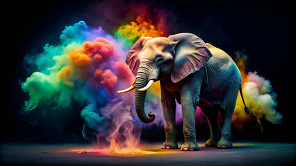 Colorful elephant standing in front of black background