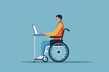Fototapeta premium person in a wheelchair working on a laptop, solid color background