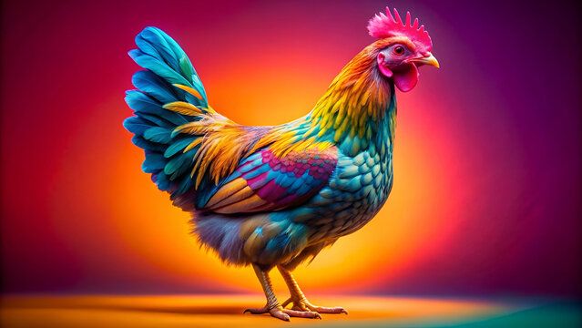 Colorful chicken on a solid color background