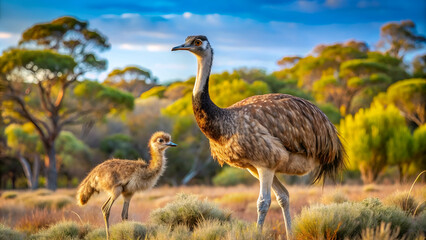 ostrich emu on the background of australian nature